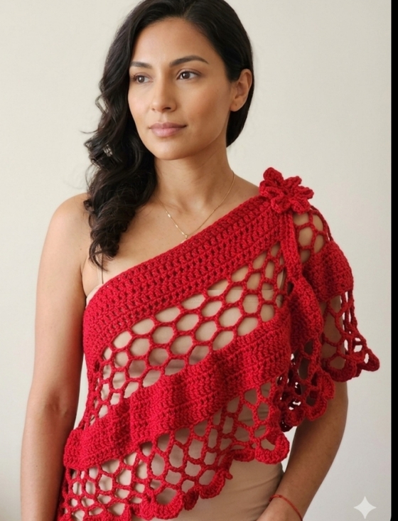 Handmade Jackets & Blazers - Handmade Red Crochet One-Shoulder Shawl Unique 5-way Hand Knit Summer Boho Piece